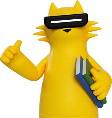 realmeow, la mascota amarilla de realme, con el pulgar hacia arriba y dos libros bajo el brazo